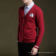 2020 OEM Latest design Anti-Shrink custom cotton embroidery logo red knitted mens cardigan sweater with stripe rib cuff